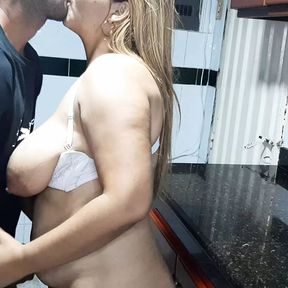 Sexy horny blonde milf gives me a blowjob in the kitchen