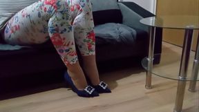 Crossdresser Dangling in Sexy Blue Jeans Pointed Toe High Heels Pumps with Buckle