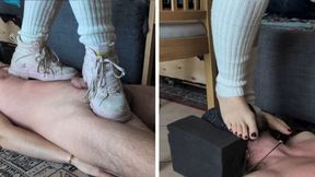 Slave suffering under my pink Buffalos and long sweaty feet