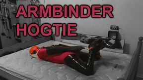 Self Bondage Armbinder Hogtie in PVC Catsuit and Lycra Bodysuit with Chastity Belt and Dildo Locked in Place