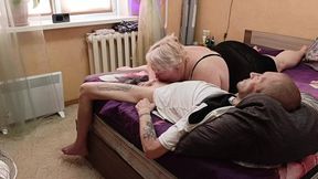 Mature mother-in-law gives blowjob and swallows all the cum