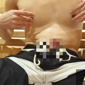 Nipple play in Sauna.Dick of handsome guy get erection by nipple masturbation.