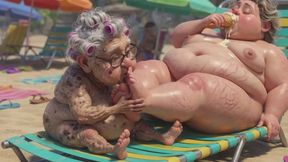 Elderly Granny Passionately Sucking BBW Feet on Public Beach