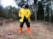Raingear pup wanking outdoors during sunday walkies (nearly got caught)