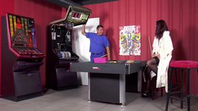 Brunette MILF in nylon lingerie and heels gets cum in mouth after fuck on the billiard table