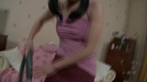 Russian brunette teen in pantyhose tastes a big hard cock
