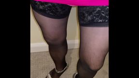 MILF Crossdresser Madison Dressing in Sexy Outfits with Thigh High Hose Stockings and Heels and Walks Around Showing off Teasing