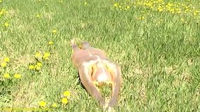 Sexy ebony babe in skintight golden spandex catsuit posing outdoor