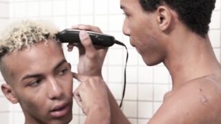 Dark twink gets a hair style before jerk off meeting