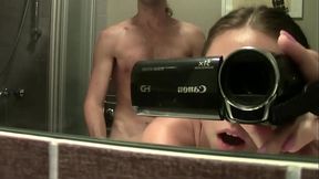 Step sister records in front of the mirror while I fuck her