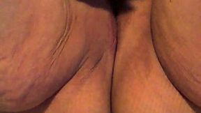 Obese and horny BBW wife diddles her puffy cunt with dildo