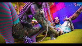 Tattooed lesbians stretch each other's asses with huge toys