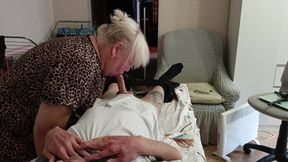 neighbor sucks and jerks off my dick on the massage table and swallows cum