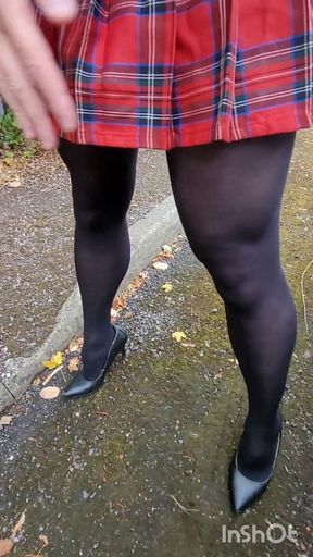 Crossdresser in Tartan Skirt Opaque Tights and Heels Plays and Cums