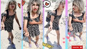 ladyboy slut walks in public wearing mini skirt high heels cute legs and plug in ass very hot