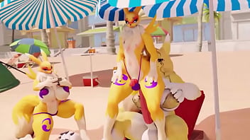 Femboy Renamon gets fucked by a futanari taomon