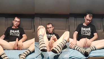 Nerdy college boy with big dick jerking off in socks