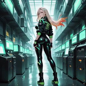 Neon Rain Night! Blonde Agent in Wet Leather Crouching Low, Holographic Glow &amp; Cold Glances.
