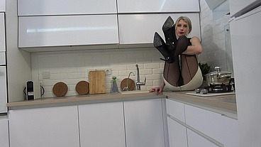 Horny Blonde Rina Ray In Kitchen Masturbates In Her Black Pantyhose