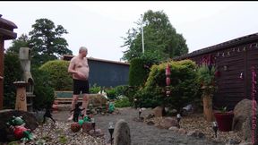 Fat man in the front yard 1, swimming trunks