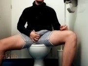 Almost Caught! Hung muscle wank in toilet