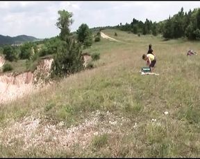 Fat midget German slut gets fucked by two guys outdoors