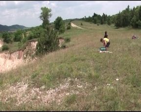 Fat midget German slut gets fucked by two guys outdoors
