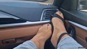 Feet in nylons and sandals on the dashboard HD mp4 1920x1080