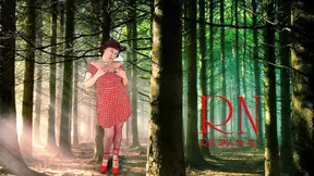 Pin-up lady posing in the forest. She shows her tits and pussy. Mesh tights. Special effect.