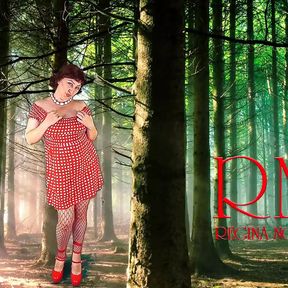 Pin-up lady posing in the forest. She shows her tits and pussy. Mesh tights. Special effect.