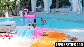 Lesbian pool party threesome with petite teens
