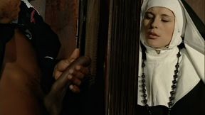 What a slut this nun slut is: she takes the priest's big black cock inside the confessional