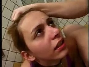 Slave licking pussy in the toilet