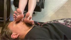 Using slave's ugly face and neck as a footstool under My beautiful bare feet