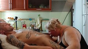 Mature blonde BBW neighbor deepthroats and swallows cum