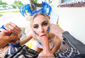 Blonde fucktoy spins on my cock for cash outdoors
