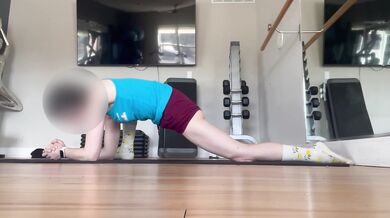 Stretching with booty shorts and a hairy pussy