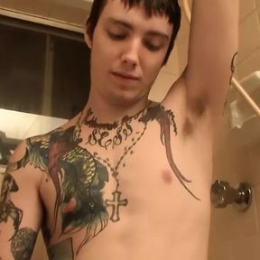 Tattooed straight thug Blinx masturbates cock and cums solo