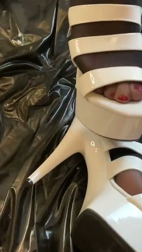White Heels, white Leggings, Black Nylons   Clip 1