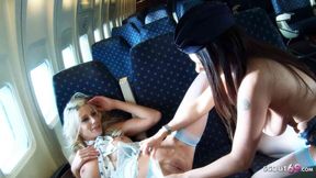 Stewardesses with big tits give each other horny pussy licking