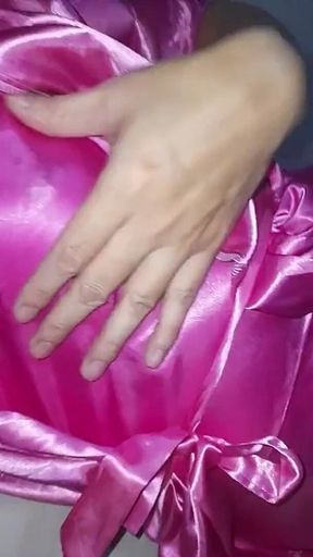 Cum with pink satin lingerie and robe
