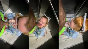 bitch enters the elevator with a stranger and sucks his dick until he asks to put it in her pussy and cum in her mouth at the end