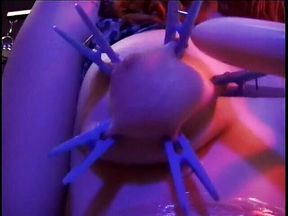 Horny dude teases his slaves big tits with clothes pegs