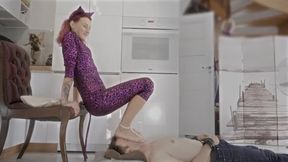 Galyna In Pink Catsuit Squat On His Face Slaps Him And Give Feet For Licking