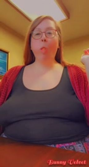 Desk-Ridden Secretary Stuffs Her Face &amp; Plays With Her Bloated Belly In The Office
