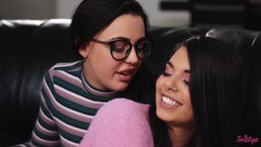 Gina Valentina and Whitney Wright licking on leather couch