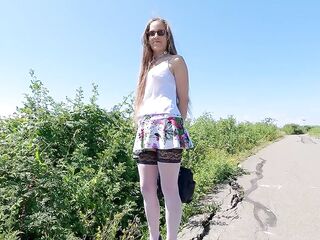 Longpussy, out for a walk in my ordinary Style, Booty Plug, Short Petticoat, High Heels, Haunch Highs with my Melons Tied.