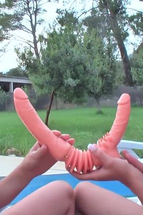 Lesbian stepsisters, double dildo fucking in Mallorca