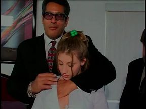 Blonde chick sucks two studs in suits and gets fucked
