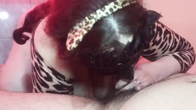 My masked latina wife sucks my cock with her big tits